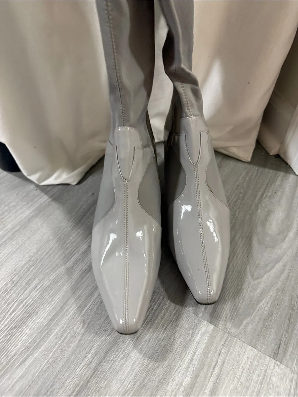 Bellini Gray Stretch Over-the-Knee Pointed Kitten Heel Boots